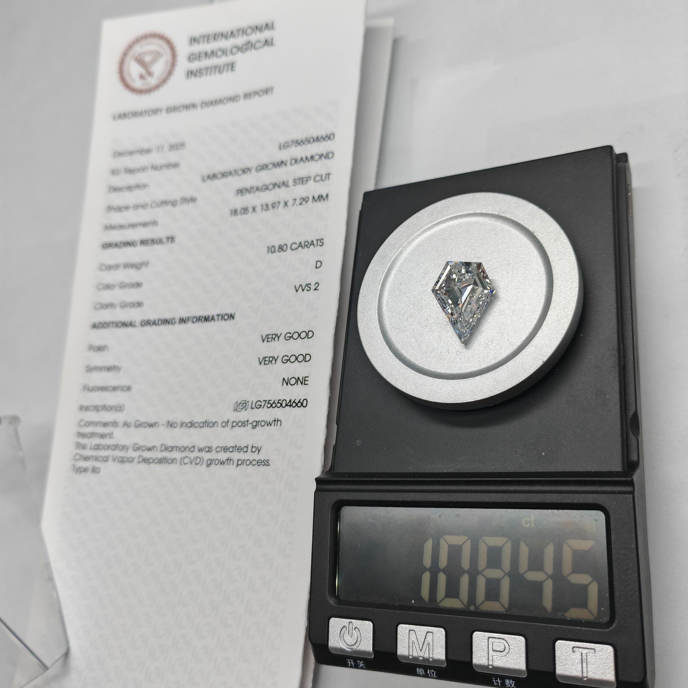IGI 证书 10.80ct D色 VVS2